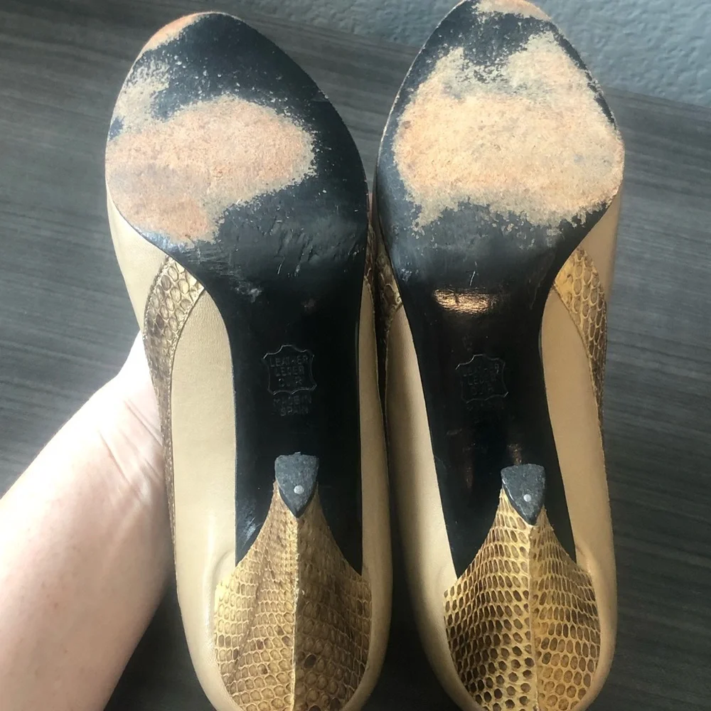 👠Christian Dior Vintage Tan Leather & Snakeskin-Textured Trim Heels -Size 7 👠